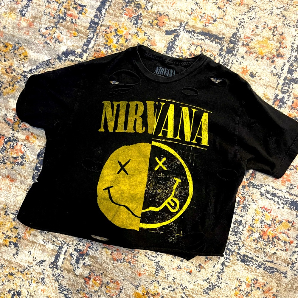 Nirvana band graphic tee distressed black yellow cropped oversize grunge tshirt